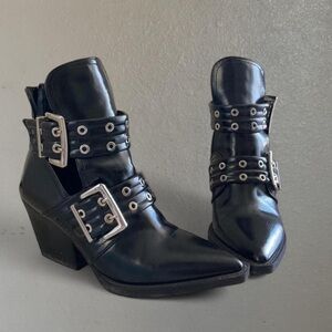Black Buckle-Strap Pointed Toe Ankle Boots - Women